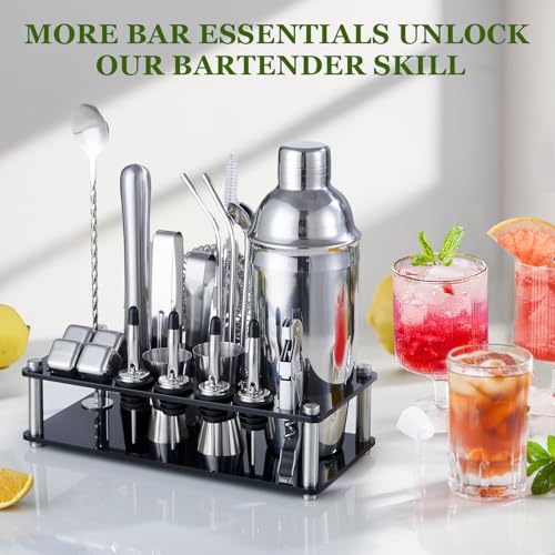 KINGROW Cocktail Shaker Set, 23-Piece Stainless Steel Bartender Kit with Acrylic Stand & Cocktail Recipes Booklet, Professional Bar Tools for Drink Mixing, Home, Bar, Party (Include 4 Whiskey Stones) - Image 2