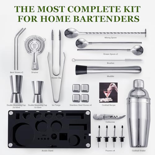 KINGROW Cocktail Shaker Set, 23-Piece Stainless Steel Bartender Kit with Acrylic Stand & Cocktail Recipes Booklet, Professional Bar Tools for Drink Mixing, Home, Bar, Party (Include 4 Whiskey Stones) - Image 3