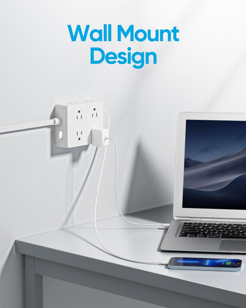 olcorife Surge Protector Power Strip, Olcorife Ultra Thin Flat Plug Extension Cord 5ft, 8 Outlets 4 USB Ports(1 USB C), Flat Wall Plug Outlet Extender, College Dorm Room Essentials, White - Image 5
