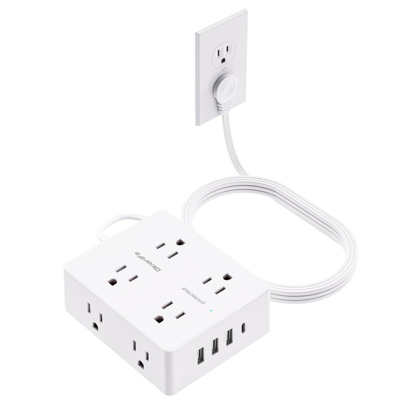 olcorife Surge Protector Power Strip, Olcorife Ultra Thin Flat Plug Extension Cord 5ft, 8 Outlets 4 USB Ports(1 USB C), Flat Wall Plug Outlet Extender, College Dorm Room Essentials, White - Image 1