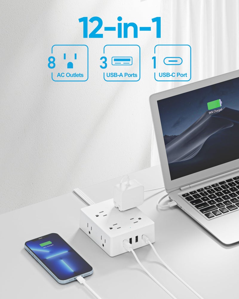 olcorife Surge Protector Power Strip, Olcorife Ultra Thin Flat Plug Extension Cord 5ft, 8 Outlets 4 USB Ports(1 USB C), Flat Wall Plug Outlet Extender, College Dorm Room Essentials, White - Image 2