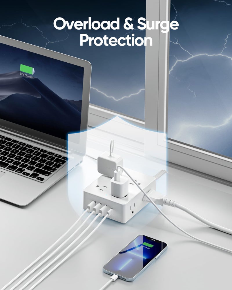 olcorife Surge Protector Power Strip, Olcorife Ultra Thin Flat Plug Extension Cord 5ft, 8 Outlets 4 USB Ports(1 USB C), Flat Wall Plug Outlet Extender, College Dorm Room Essentials, White - Image 4