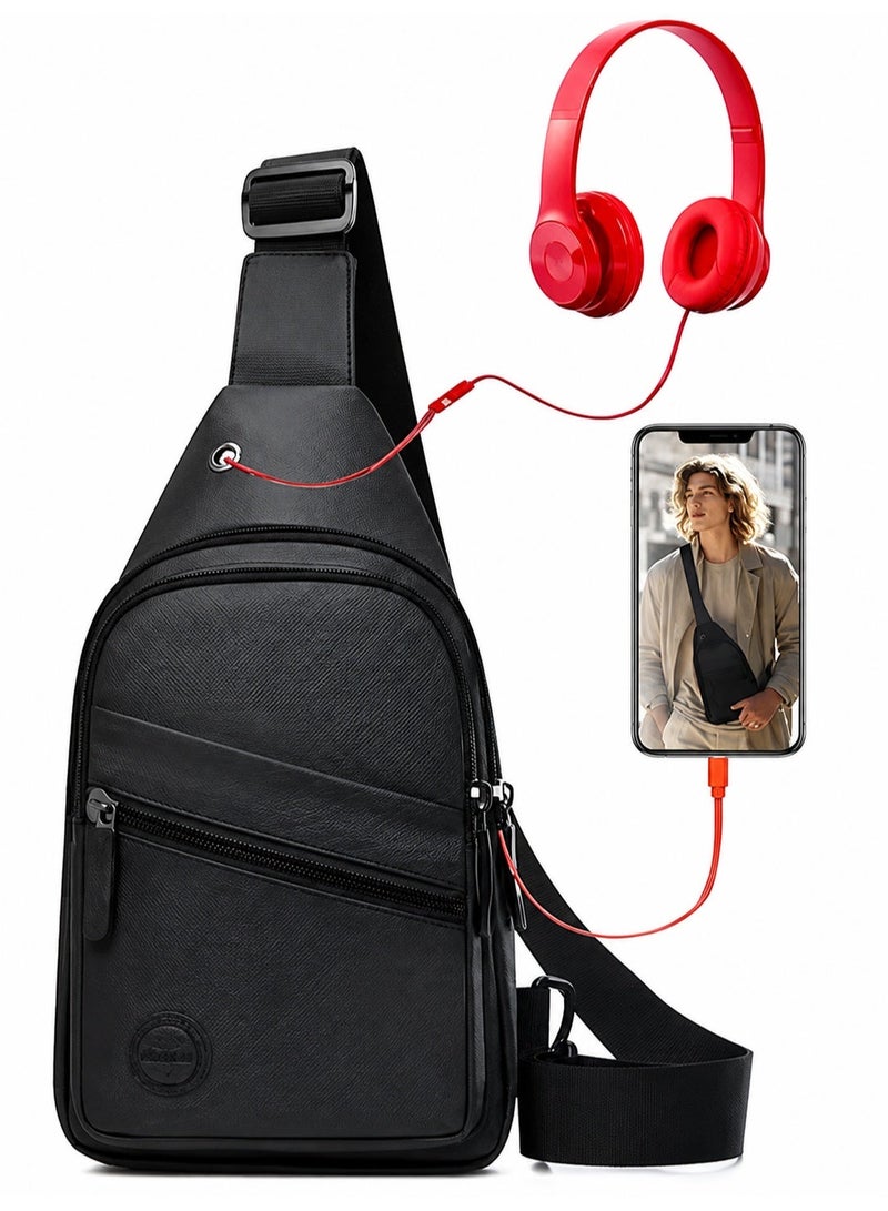 WEPOWER Men’s Small Waterproof Sling Bag, Slim Crossbody Chest Bag with Headphone Hole, Adjustable Shoulder Strap & Multi-Pocket Storage, Anti-Theft Travel Daypack for Men and Women, Black - Image 1