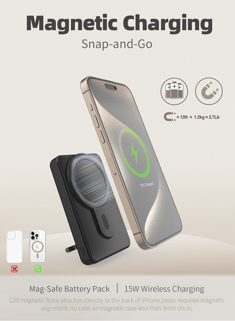 مقبض الباب بنك طاقة مغناطيسي، بطارية Mag-Safe بسعة 10000 مللي أمبير/ساعة مع كابل USB-C، شاحن لاسلكي محمول مع حامل قابل للطي، شحن سريع PD بقوة 22.5 وات لأجهزة iPhone 16/15/14/13/12/Pro/Mini/Pro Max - Image 2