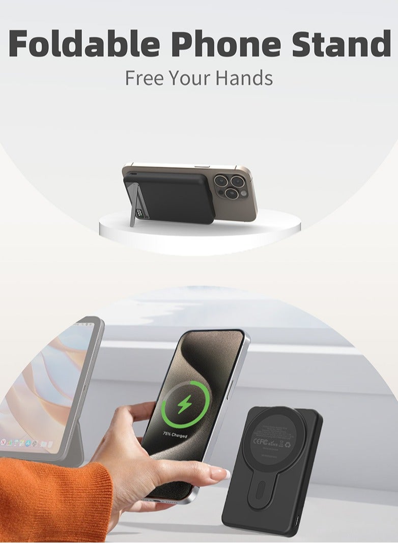 مقبض الباب بنك طاقة مغناطيسي، بطارية Mag-Safe بسعة 10000 مللي أمبير/ساعة مع كابل USB-C، شاحن لاسلكي محمول مع حامل قابل للطي، شحن سريع PD بقوة 22.5 وات لأجهزة iPhone 16/15/14/13/12/Pro/Mini/Pro Max - Image 3
