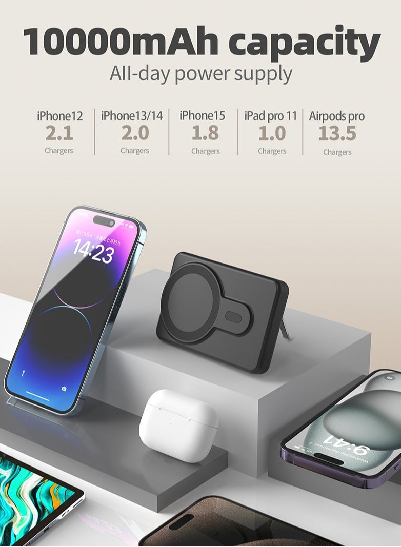 مقبض الباب بنك طاقة مغناطيسي، بطارية Mag-Safe بسعة 10000 مللي أمبير/ساعة مع كابل USB-C، شاحن لاسلكي محمول مع حامل قابل للطي، شحن سريع PD بقوة 22.5 وات لأجهزة iPhone 16/15/14/13/12/Pro/Mini/Pro Max - Image 4