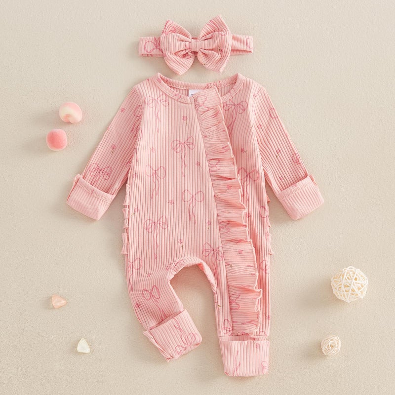 Socutebabe Newborn Baby Girl Coming Home Outfit Ruffle Romper Onesie Cute Ribbed Knit Jumpsuit Winter Clothes and Headband (Sweet Bow Pink, Newborn) - Image 2