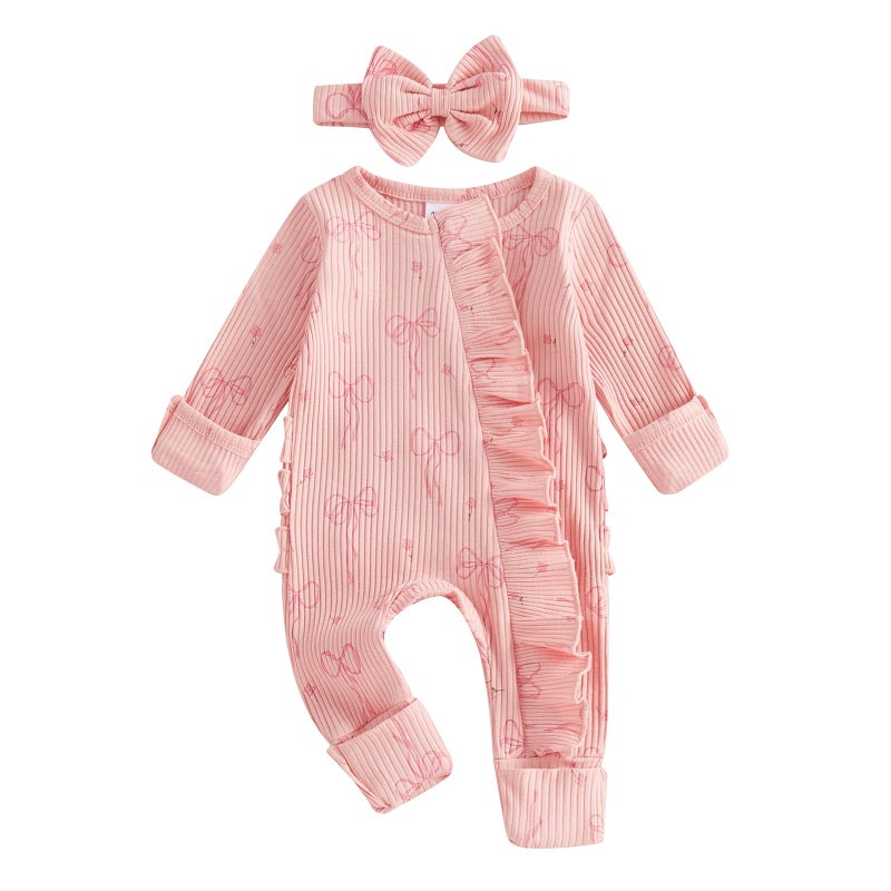 Socutebabe Newborn Baby Girl Coming Home Outfit Ruffle Romper Onesie Cute Ribbed Knit Jumpsuit Winter Clothes and Headband (Sweet Bow Pink, Newborn) - Image 1
