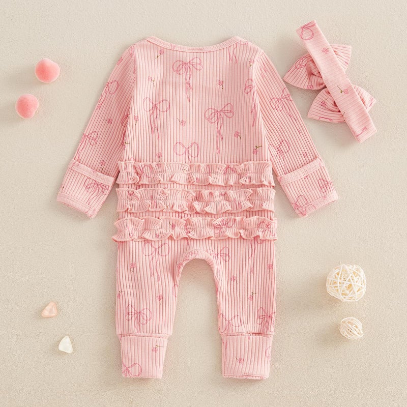 Socutebabe Newborn Baby Girl Coming Home Outfit Ruffle Romper Onesie Cute Ribbed Knit Jumpsuit Winter Clothes and Headband (Sweet Bow Pink, Newborn) - Image 3