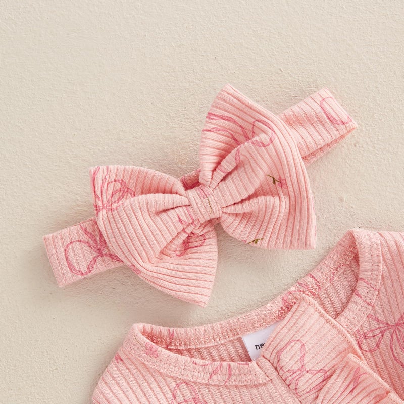 Socutebabe Newborn Baby Girl Coming Home Outfit Ruffle Romper Onesie Cute Ribbed Knit Jumpsuit Winter Clothes and Headband (Sweet Bow Pink, Newborn) - Image 4