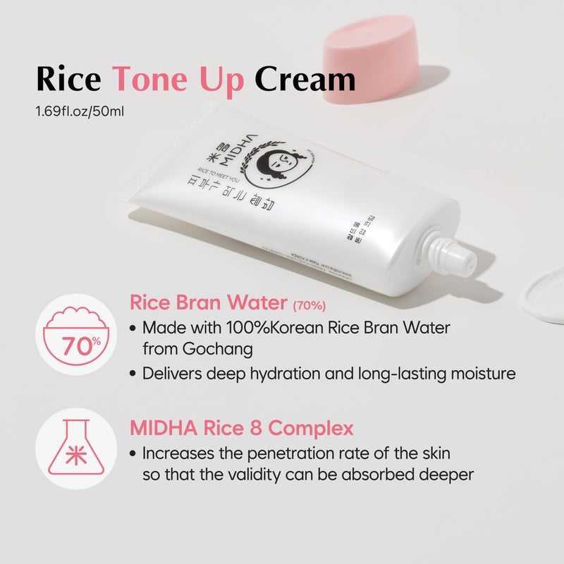 MIDHA RICE TONE UP CREAM, 1.69fl.oz/50ml, Even Skin Tone, Hydrating, Sheer, Natural Tone-Up, No Makeup Natural Tone, Ideal makeup Primer, Non-Sticky Finish, Vegan, Makeup Base - Image 2
