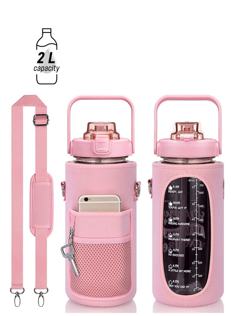 Y&D Half Gallon Water Bottle with Storage Sleeve, 2L Motivational Straw & Time Strap, BPA Free Leakproof Large - Image 1