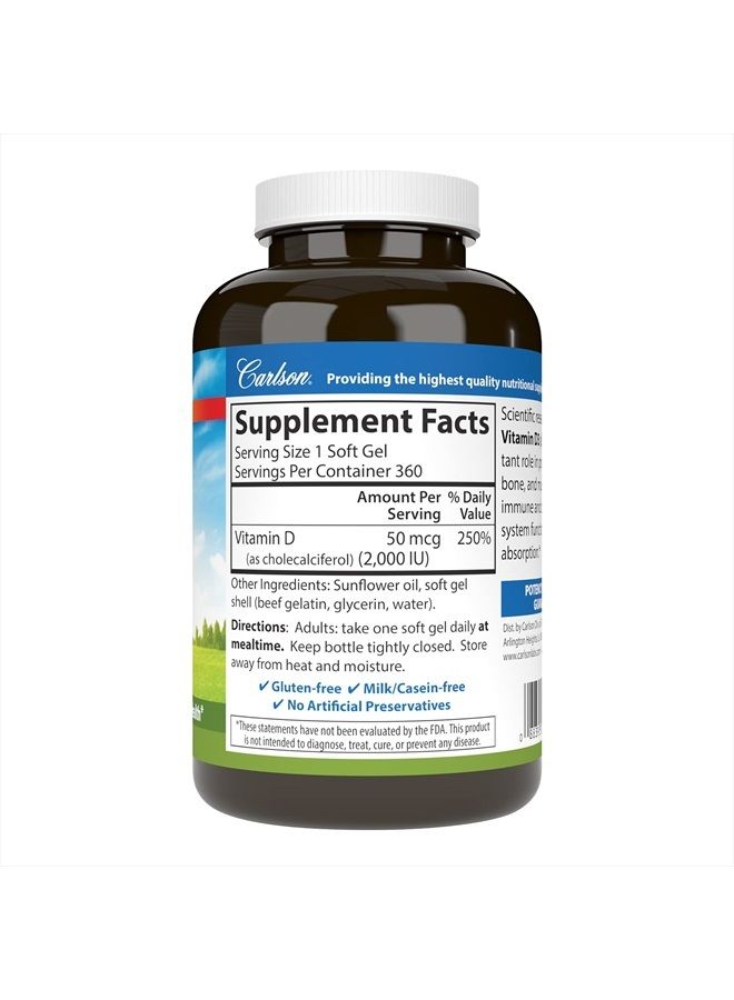 Carlson فيتامين د3، 2000 وحدة دولية (50 ميكروغرام)، صحة العظام والمناعة، مكملات فيتامين د، مكمل كوليكالسيفيرول، كبسولات فيتامين د خالية من الجلوتين، 360 كبسولة لينة - Image 2
