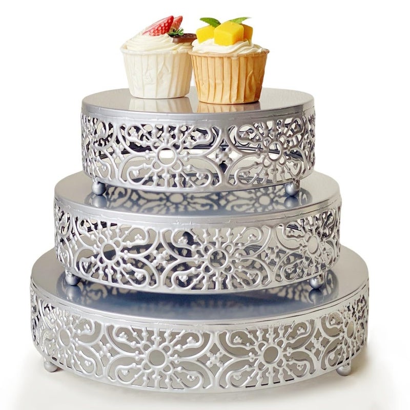 Amedoo Silver Cake Stand, 3Pcs Round Metal Cake Stand Set, Dessert Cupcake Pastry Candy Display Plate 8" 10" 12" for Wedding, Event, Birthday Party (Silver Cake Stands / 3 Pcs) - Image 1