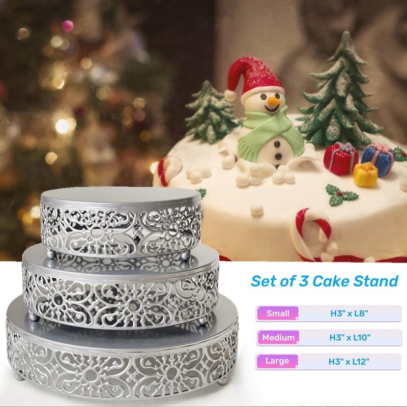 Amedoo Silver Cake Stand, 3Pcs Round Metal Cake Stand Set, Dessert Cupcake Pastry Candy Display Plate 8" 10" 12" for Wedding, Event, Birthday Party (Silver Cake Stands / 3 Pcs) - Image 2