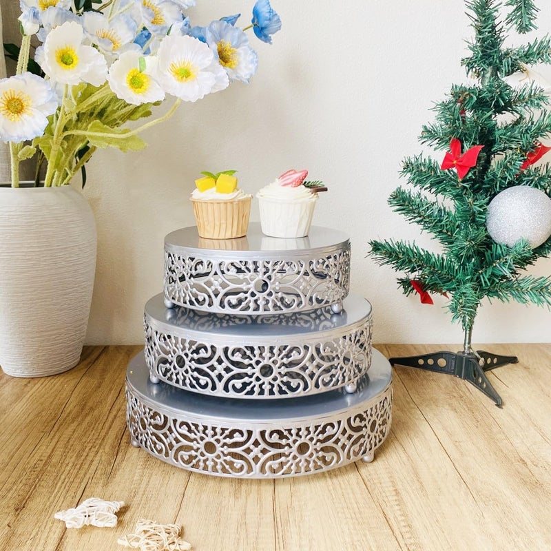 Amedoo Silver Cake Stand, 3Pcs Round Metal Cake Stand Set, Dessert Cupcake Pastry Candy Display Plate 8" 10" 12" for Wedding, Event, Birthday Party (Silver Cake Stands / 3 Pcs) - Image 5