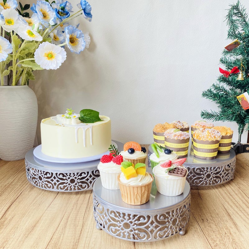 Amedoo Silver Cake Stand, 3Pcs Round Metal Cake Stand Set, Dessert Cupcake Pastry Candy Display Plate 8" 10" 12" for Wedding, Event, Birthday Party (Silver Cake Stands / 3 Pcs) - Image 4