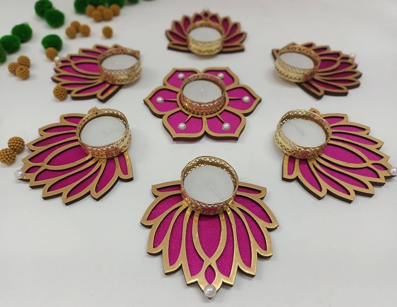 CREYENTES CREYENTES Decorative Lotus Rangoli Colorful Flower with Tealight Holder and Tealight Candles for Festival Corporate Gift Diwali Ganesh Chaturthi Laxmi Pooja 6 Pink Lotus Pink Flower  - Image 1