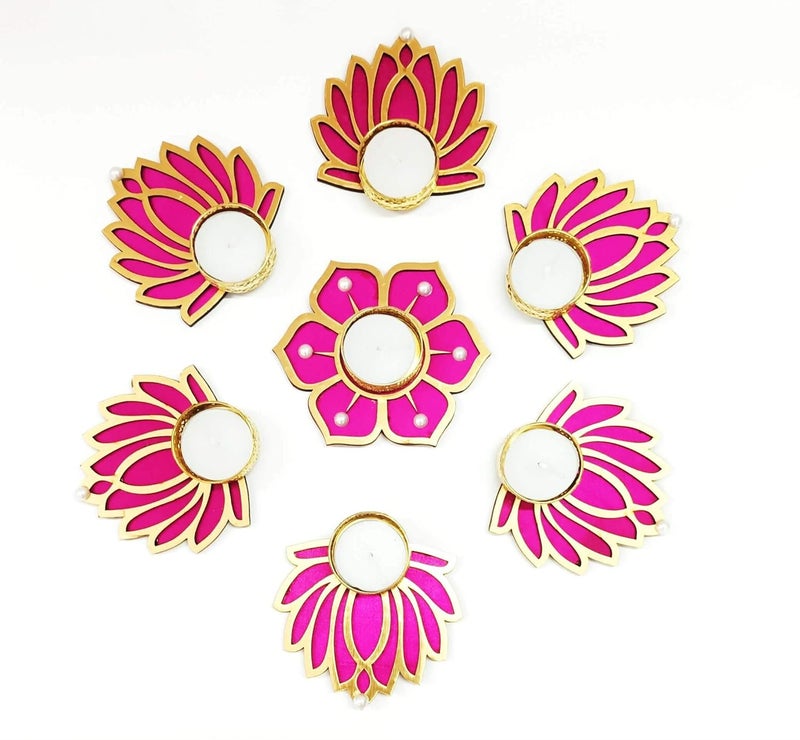 CREYENTES CREYENTES Decorative Lotus Rangoli Colorful Flower with Tealight Holder and Tealight Candles for Festival Corporate Gift Diwali Ganesh Chaturthi Laxmi Pooja 6 Pink Lotus Pink Flower  - Image 2