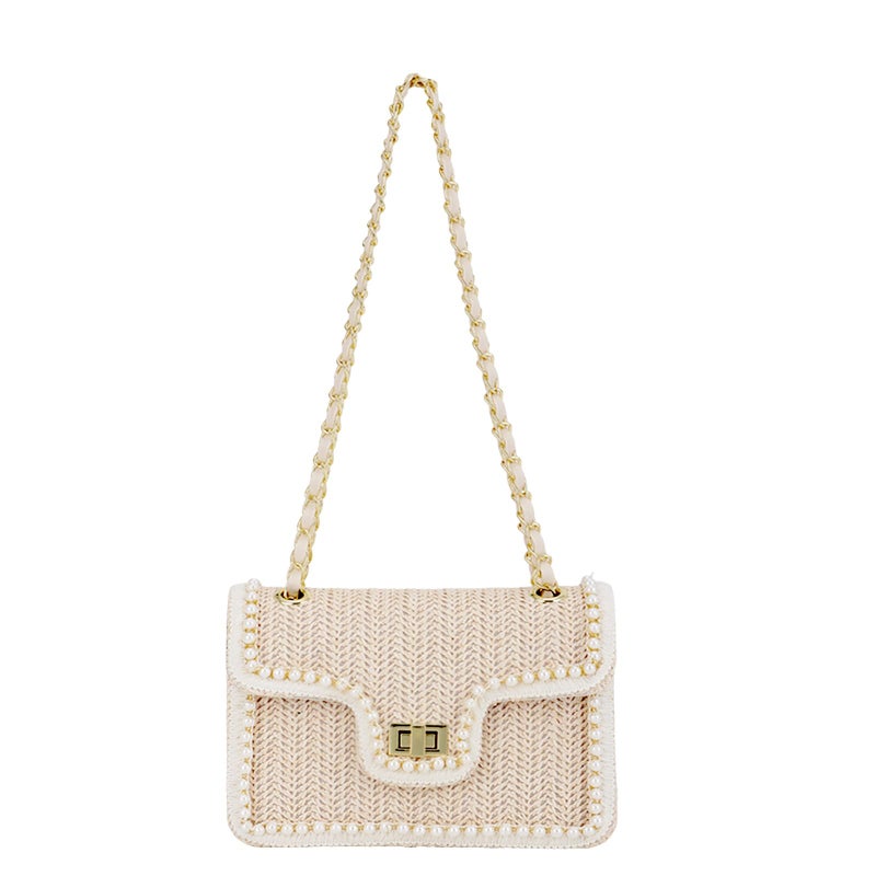 Fecialy Straw Crossbody Bags for Women Summer Straw Beach with Pearls Raffia Shoulder Handbags - Image 1
