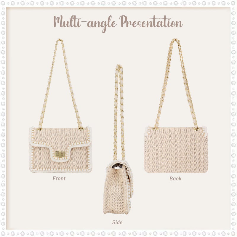 Fecialy Straw Crossbody Bags for Women Summer Straw Beach with Pearls Raffia Shoulder Handbags - Image 4