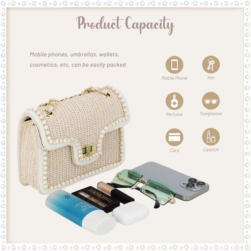 Fecialy Straw Crossbody Bags for Women Summer Straw Beach with Pearls Raffia Shoulder Handbags - Image 5
