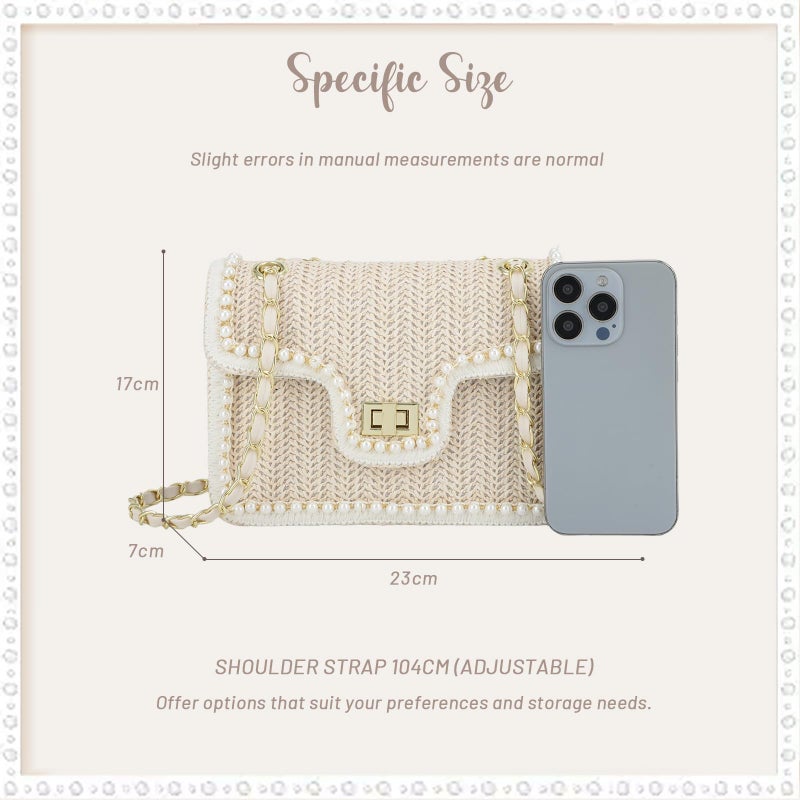 Fecialy Straw Crossbody Bags for Women Summer Straw Beach with Pearls Raffia Shoulder Handbags - Image 3