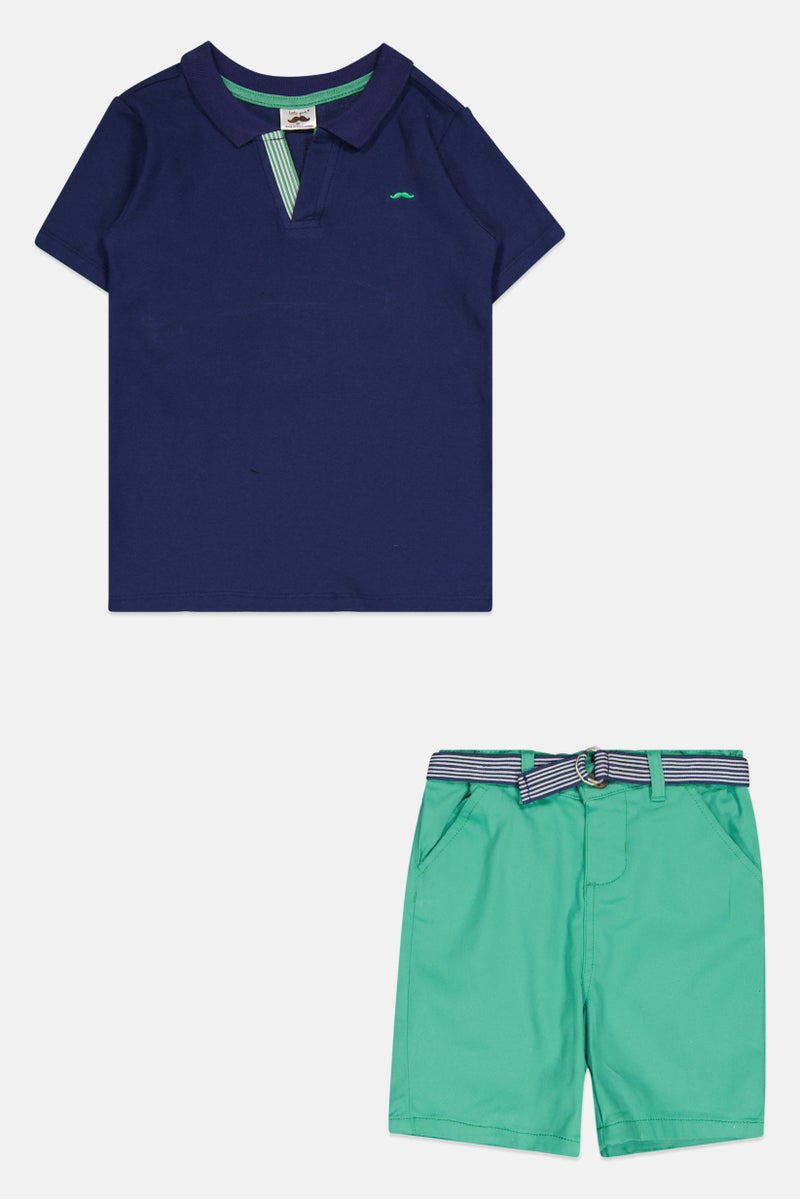 Fudo Toddlers Boy 2 pcs Embroidered Logo Polo Shirt And Belted Shorts, Navy/Green - Image 1