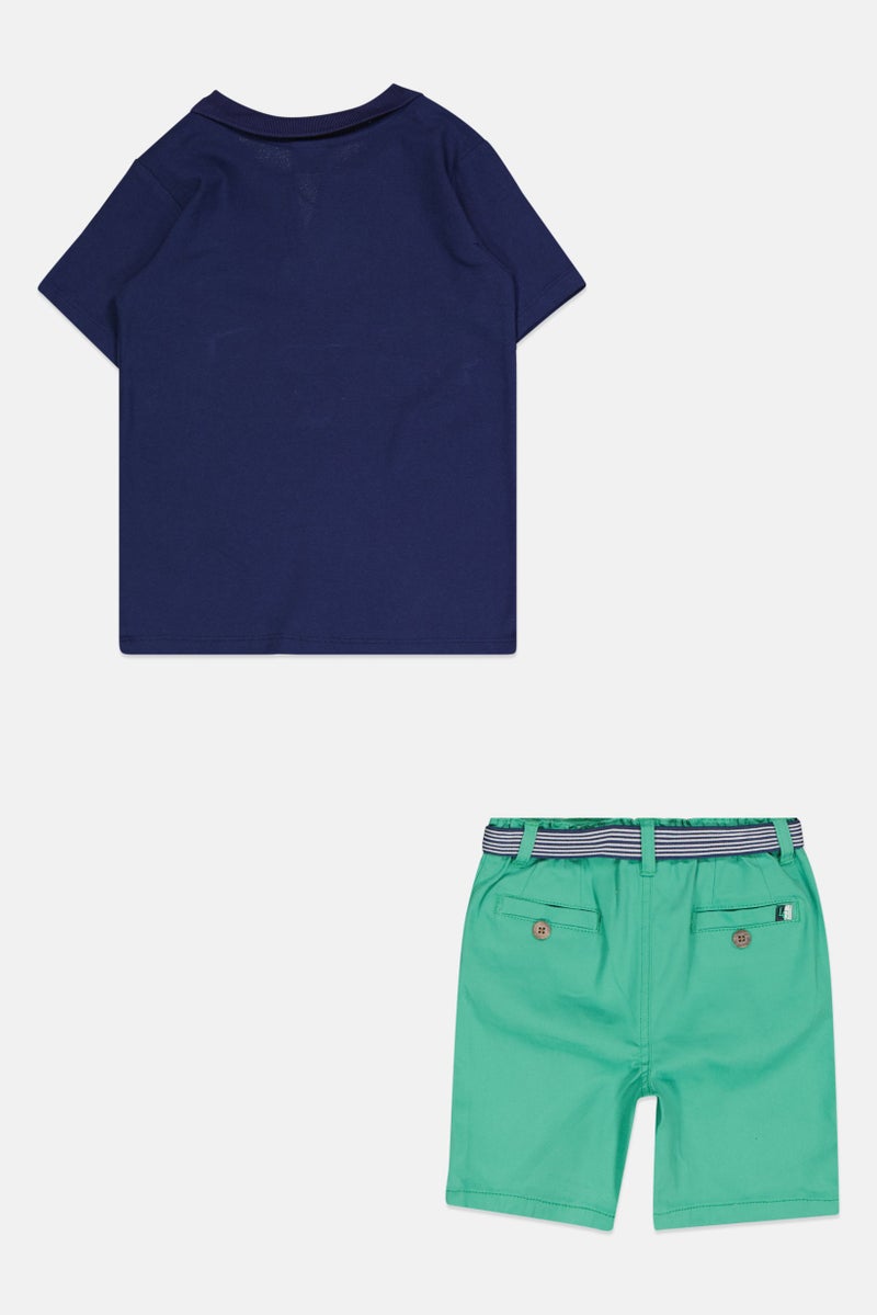 Fudo Toddlers Boy 2 pcs Embroidered Logo Polo Shirt And Belted Shorts, Navy/Green - Image 2