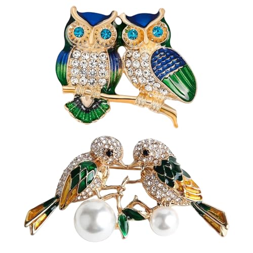 XFSAFDM 2pcs Brooch Pin For Women Double Magpie And Owl Lapel Pin Rhinestone Pearl Birds Brooch Animal Magpie Lapel Brooch Cute Crystal Birds Badge Pins Clothing Accessories - Image 1