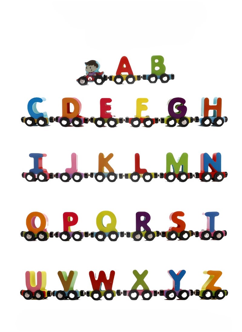 Wooden Pull Along Train, Vehicle Pattern Alphabets Learning Toys, 26 Alphabets Wooden Magnetic Train Set, Includes A to Z Letters for Toddlers  - Image 2