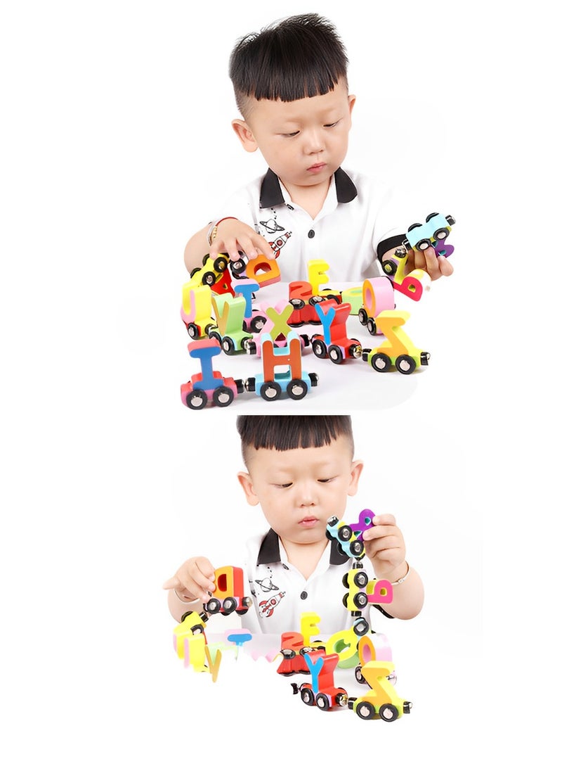 Wooden Pull Along Train, Vehicle Pattern Alphabets Learning Toys, 26 Alphabets Wooden Magnetic Train Set, Includes A to Z Letters for Toddlers  - Image 3