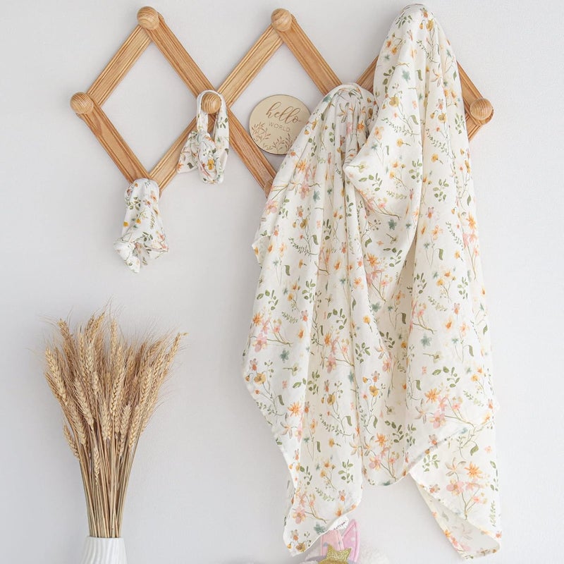 LifeTree Newborn Swaddle Set with Matching Hat and Bow Set Wooden Birth Announcement Card Floral Baby Girl Newborn Receiving Blankets Baby Swaddle Nursery Wildflower - Image 2