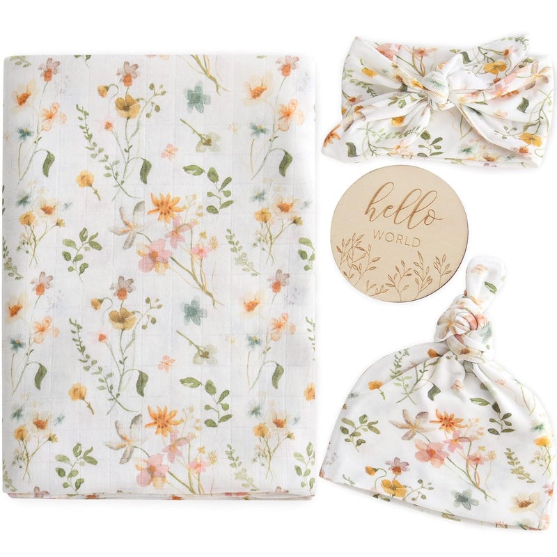 LifeTree Newborn Swaddle Set with Matching Hat and Bow Set Wooden Birth Announcement Card Floral Baby Girl Newborn Receiving Blankets Baby Swaddle Nursery Wildflower - Image 1