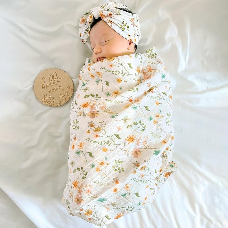 LifeTree Newborn Swaddle Set with Matching Hat and Bow Set Wooden Birth Announcement Card Floral Baby Girl Newborn Receiving Blankets Baby Swaddle Nursery Wildflower - Image 4