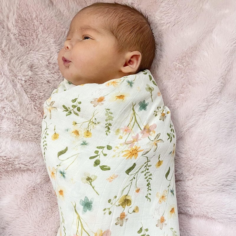 LifeTree Newborn Swaddle Set with Matching Hat and Bow Set Wooden Birth Announcement Card Floral Baby Girl Newborn Receiving Blankets Baby Swaddle Nursery Wildflower - Image 5