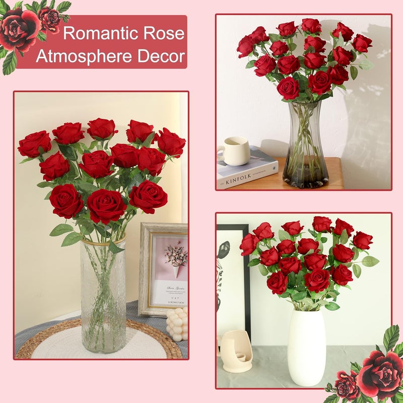 Cloudecor 12Pcs Red Roses Artificial Flowers Fake Roses Faux Velvet Silk Flower for Home Wedding Decoration (Pearl Rose, Red) - Image 2
