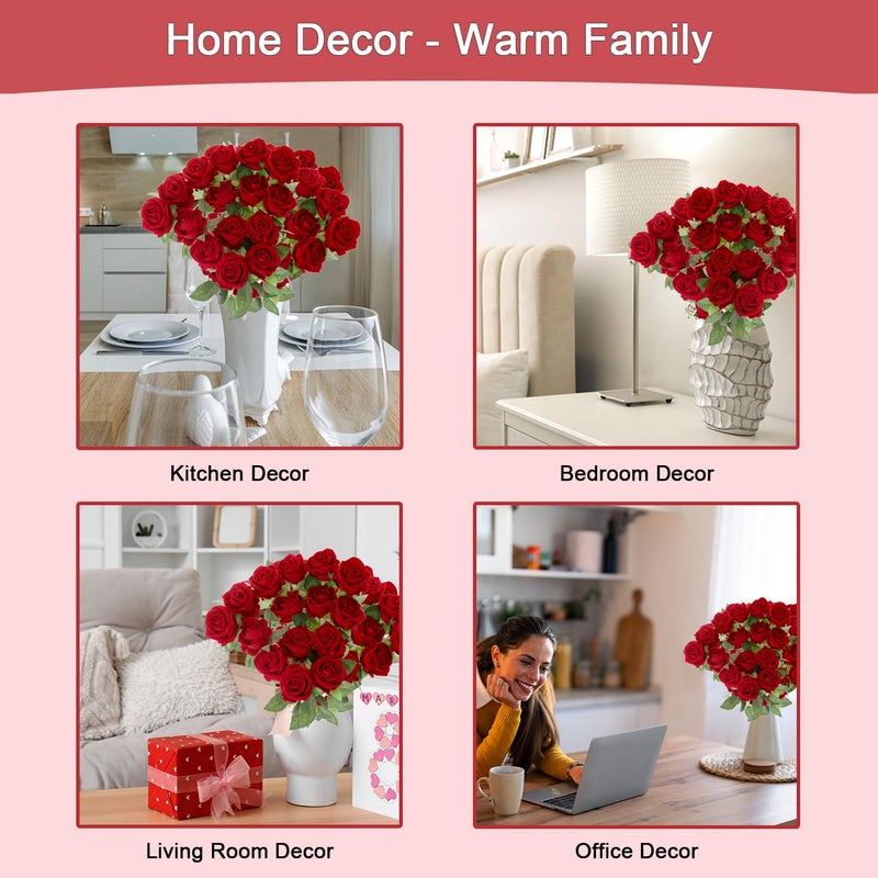 Cloudecor 12Pcs Red Roses Artificial Flowers Fake Roses Faux Velvet Silk Flower for Home Wedding Decoration (Pearl Rose, Red) - Image 4