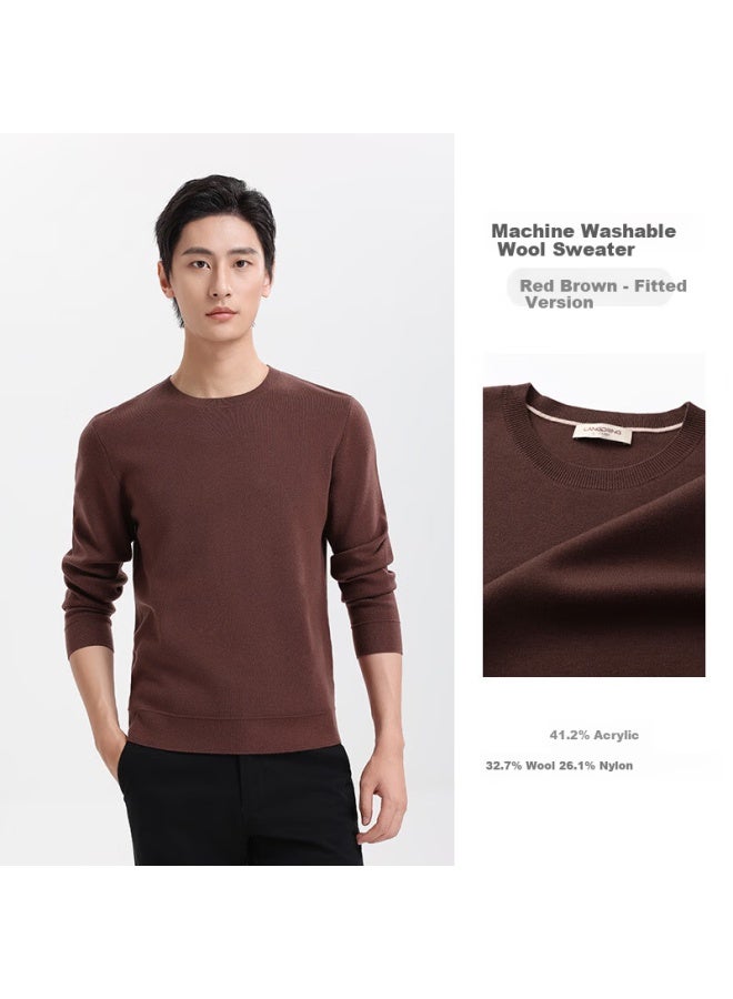 Langdeng Winter New Men's Stretch Round Neck Knit Base Shirt Red Brown XL