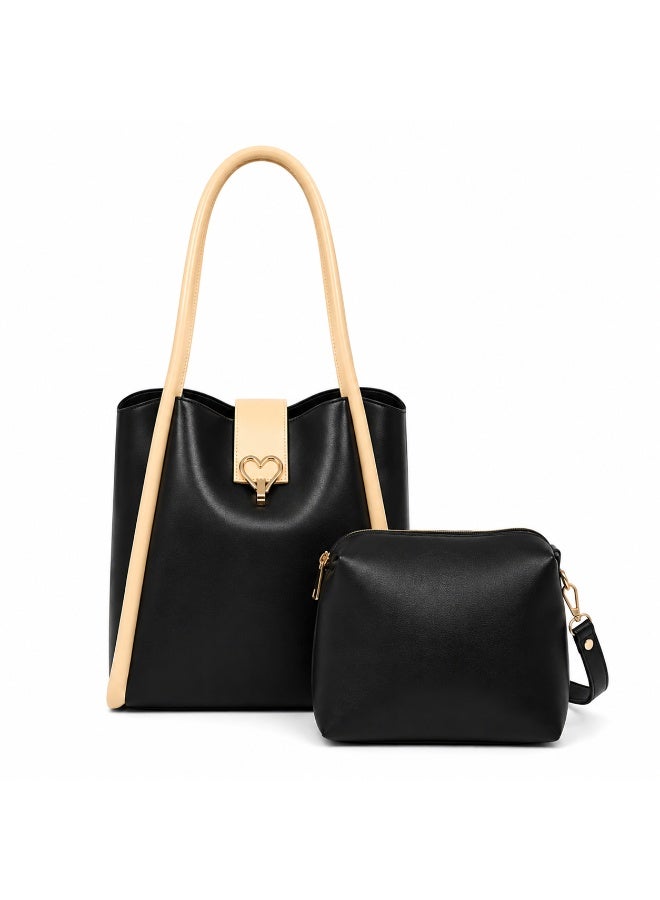 Kanaz "Sweet Heart" 2-Piece Women's Bag Set – Fashion Top-Handle Tote with Metallic Heart Clasp & Matching Zippered Crossbody Shoulder Purse. - Image 1