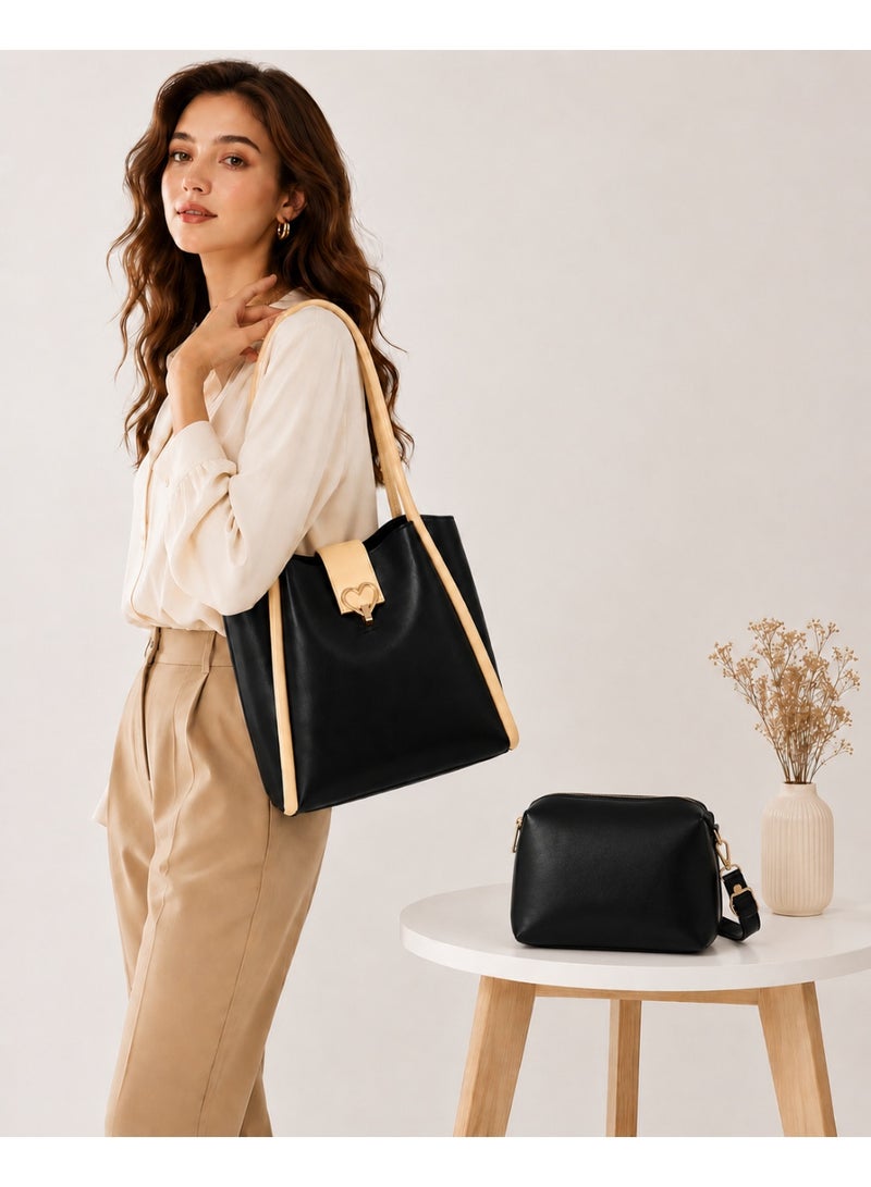 Kanaz "Sweet Heart" 2-Piece Women's Bag Set – Fashion Top-Handle Tote with Metallic Heart Clasp & Matching Zippered Crossbody Shoulder Purse. - Image 2