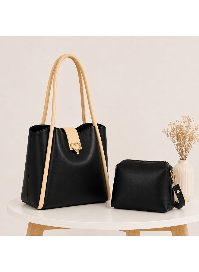 Kanaz "Sweet Heart" 2-Piece Women's Bag Set – Fashion Top-Handle Tote with Metallic Heart Clasp & Matching Zippered Crossbody Shoulder Purse. - Image 3