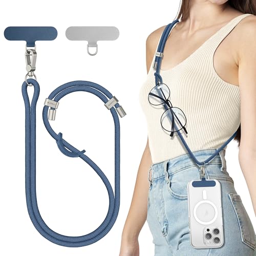 SURPHY Phone Lanyard Adjustable Phone Strap Crossbody with 2 Pack Cell Phone Tether Tab Premium Metal Buckles SkinFriendly Universal Cell Phone Lanyard Crossbody for Women and Men Denim Blue - Image 1