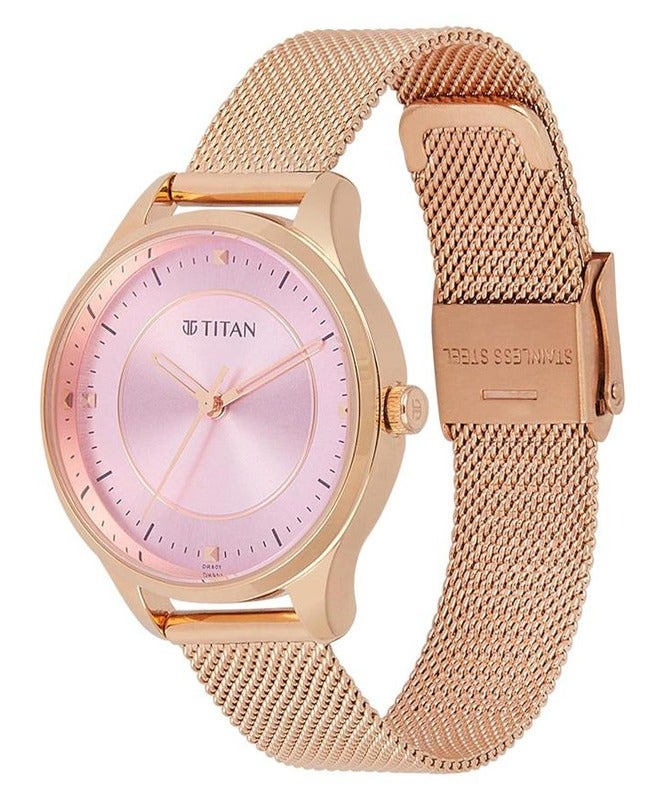 Titan Workwear Pink Round Dial Gold Mesh Strap Analogue Watch For Women 2649wm05 - Image 3