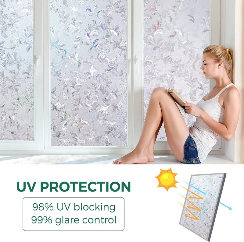 HOME13™ Frosted Glass Window Film Self Adheisve Decoartive Window Privacy Film Heat Control Removable Vinyl Window Sticker for Home Office (16"x50" Inch, Rainbow Leaf) - Image 4