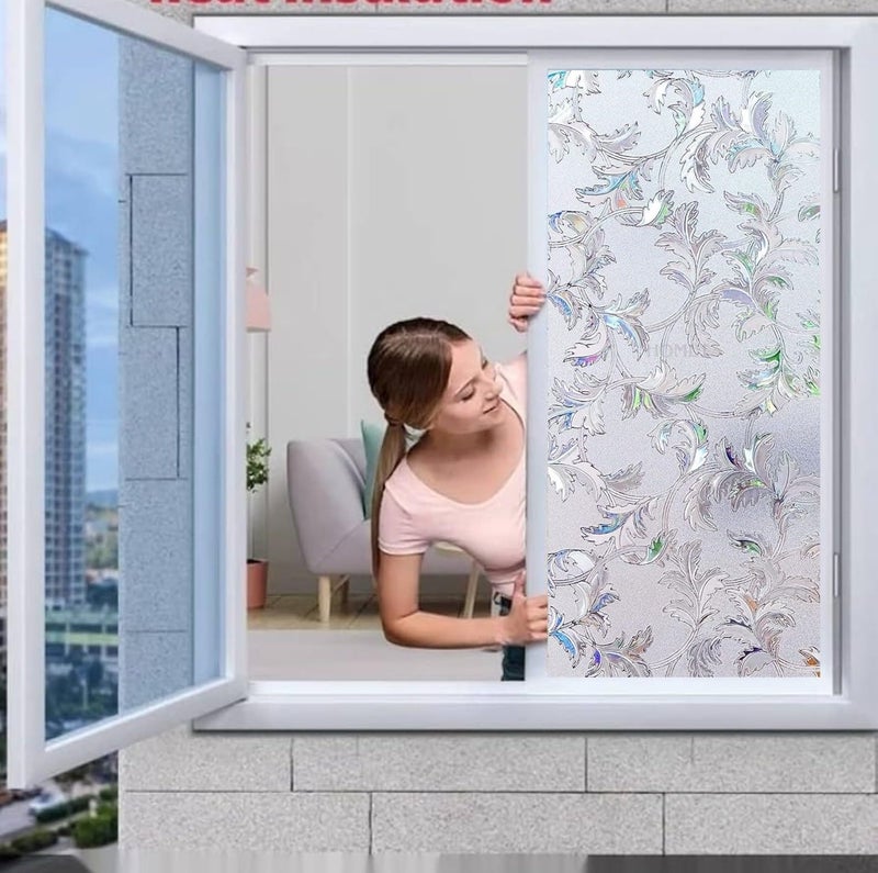 HOME13™ Frosted Glass Window Film Self Adheisve Decoartive Window Privacy Film Heat Control Removable Vinyl Window Sticker for Home Office (16"x50" Inch, Rainbow Leaf) - Image 3