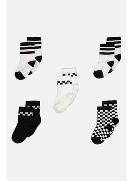 Kids Boy 5 Pairs Checkered Socks, Black/White