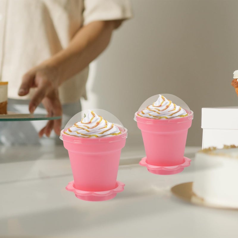 DOITOOL Flower Pot Dessert Cups 25 Sets Novelty Plastic Cake Cups with Lid Shovel Spoon Bottom Tray Dessert Ice Cream Yogurt Containers Holder for Ice Cream DIY Baking Pink - Image 2