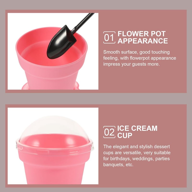 DOITOOL Flower Pot Dessert Cups 25 Sets Novelty Plastic Cake Cups with Lid Shovel Spoon Bottom Tray Dessert Ice Cream Yogurt Containers Holder for Ice Cream DIY Baking Pink - Image 4