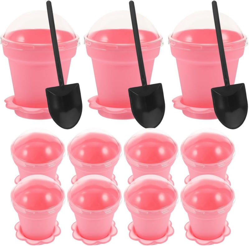 DOITOOL Flower Pot Dessert Cups 25 Sets Novelty Plastic Cake Cups with Lid Shovel Spoon Bottom Tray Dessert Ice Cream Yogurt Containers Holder for Ice Cream DIY Baking Pink - Image 1